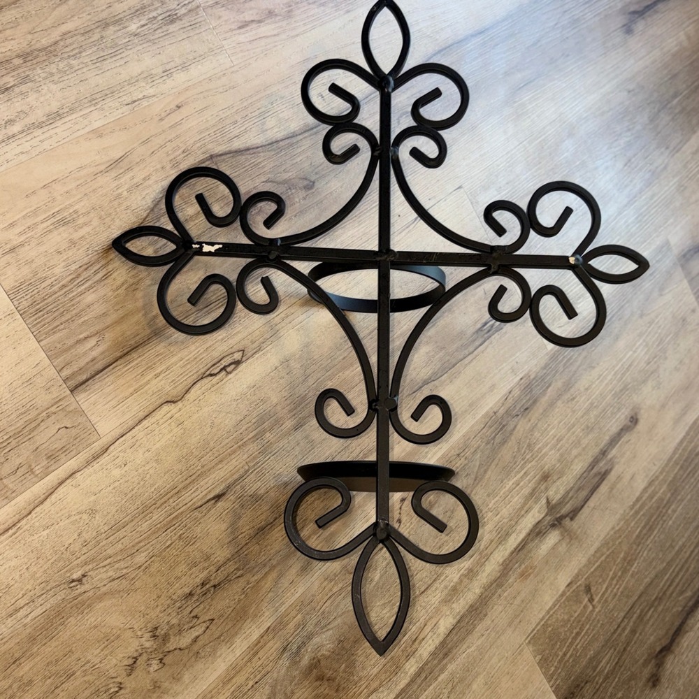 Black Wrought Iron Fleur De Lis Cross Wall Sconce Pillar Candle Holder 19in - Picture 8 of 16